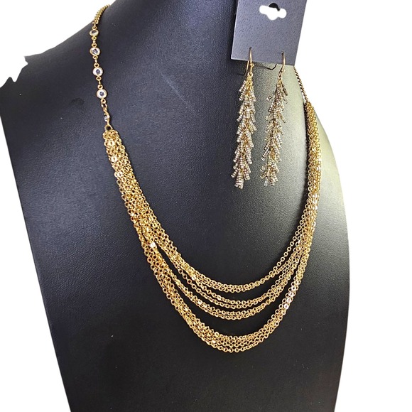 Express Gold Tone Multi Strand‎ Necklace and Beaded Dangle Earrings Set NWOT - Picture 2 of 6